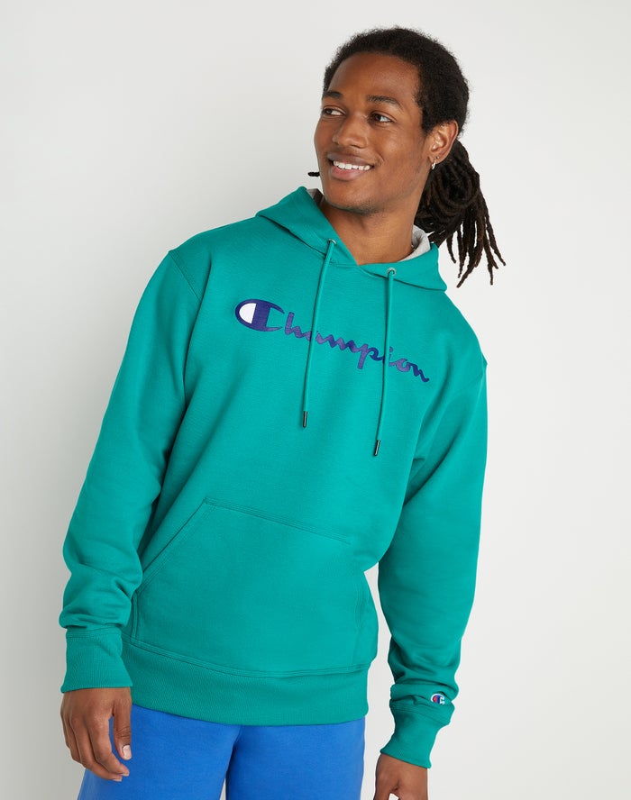 Champion Mens Hoodie NZ - Powerblend Fleece Script Logo Green ( 6215-WGVFH )